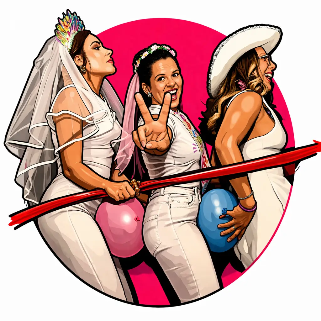 Ilustración de tres chicas disfrazadas y de fiesta sobre fondo circular rosa, representando la animación a bordo con juegos, bailes, show y música en ChiliBoat