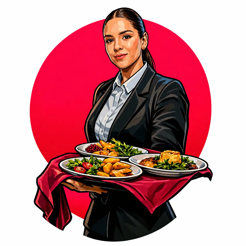 Ilustración de camarera con bandejas de comida y bebidas sobre fondo circular rosa, representando la cena a bordo en ChiliBoat
