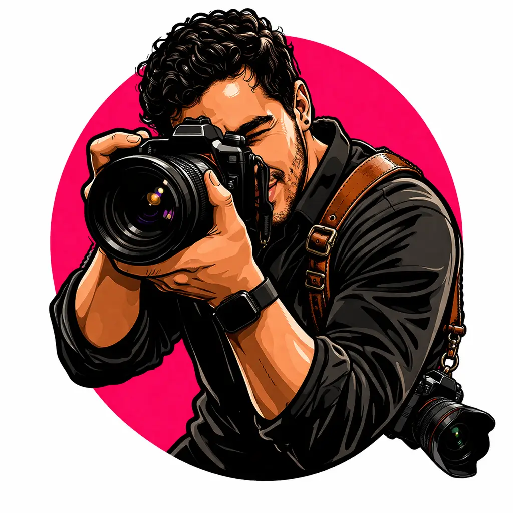 Ilustración de fotógrafo profesional con cámara sobre fondo circular rosa, representando el reportaje fotográfico de la fiesta en ChiliBoat