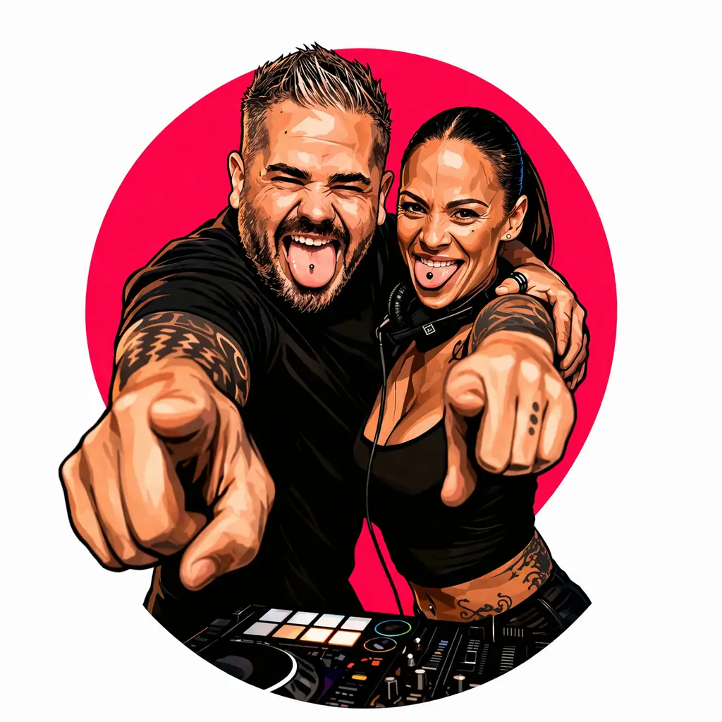 Ilustración de dos DJ señalando al frente sobre fondo circular rosa, representando la música en directo y el ambiente de fiesta durante el recorrido en ChiliBoat